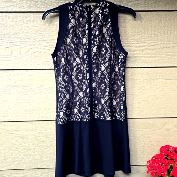 LAUNDRY Black Floral Lace Nude Underlay Sleeveless Drop Waist Short Dress SZ 6 - Picture 7 of 10